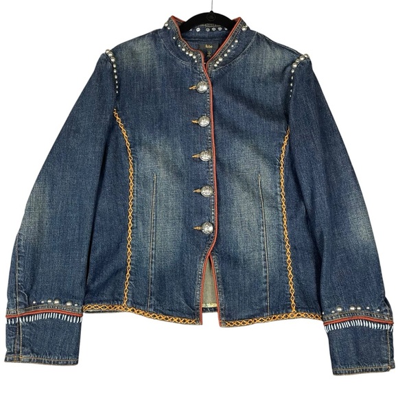 Reba Denim Studded Embroidered Silver Button Western Rodeo Jean Jacket - Sz L - Picture 1 of 16